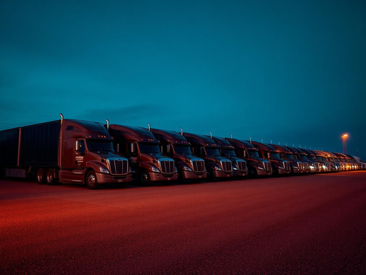 Trucks lined up at a fleet yard at dawn